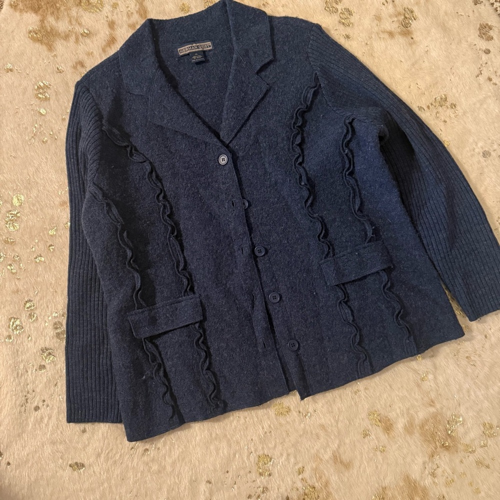 Herman Geist XL Cardigan Wool Sweater Button Down Blue Vintage